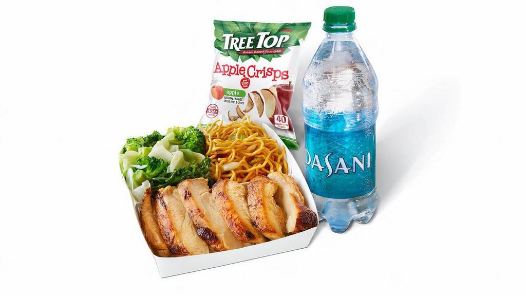 Grilled Teriyaki Chicken Cub Meal · Chow Mein, Super Greens, Grilled Teriyaki Chicken, Fruit Side & Bottled Water or Kid's Juice