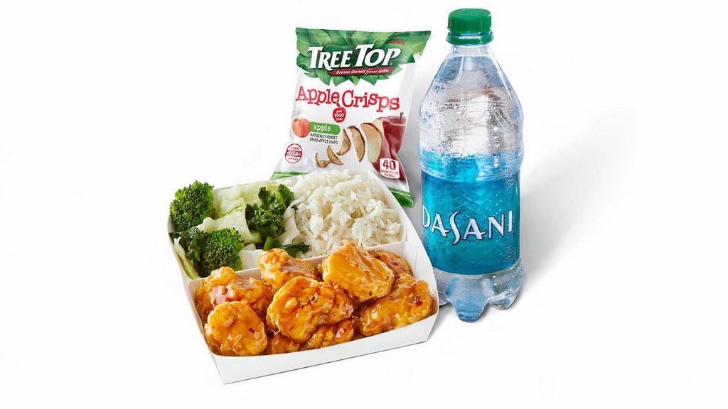 Orange Chicken Cub Meal · White Rice, Super Greens, Orange Chicken, Fruit Side & Bottled Water or Kid's Juice