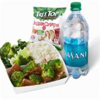 Broccoli Beef Cub Meal · White Rice, Super Greens, Broccoli Beef, Fruit Side & Bottled Water or Kid's Juice