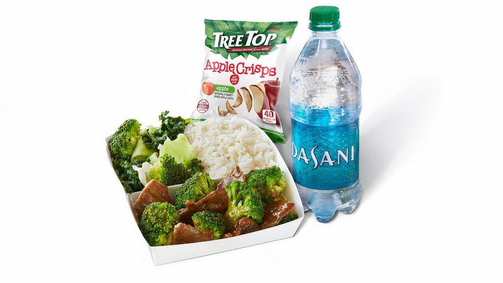 Broccoli Beef Cub Meal · White Rice, Super Greens, Broccoli Beef, Fruit Side & Bottled Water or Kid's Juice