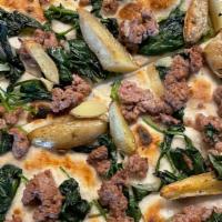 Impossible Pizza · Vegan. vegan mozzarella, roasted potatoes, braised greens, plant-based meat.