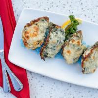 Baked Oysters Rockefeller (4 Pieces) · Fresh oysters baked with creamy spinach and Romano cheese.