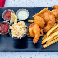 Beer Battered Pacific Prawns · made with stone's house blonde ale and served with french fries and coleslaw and ketchup, ho...