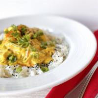 Fish & Shrimp Yellow Curry · stir-fry vegetables, jasmine rice, coconut curry, cilantro