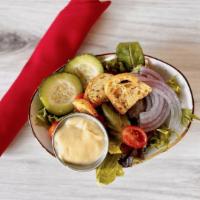 Side Salad · greens, tomatoes, cucumber, house garlic sourdough croutons