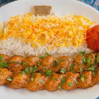 9. Koobideh Morgh · Two Skewers of Juicy Ground Chicken, Marinated with Saffron and Our Special Persian Seasoning
