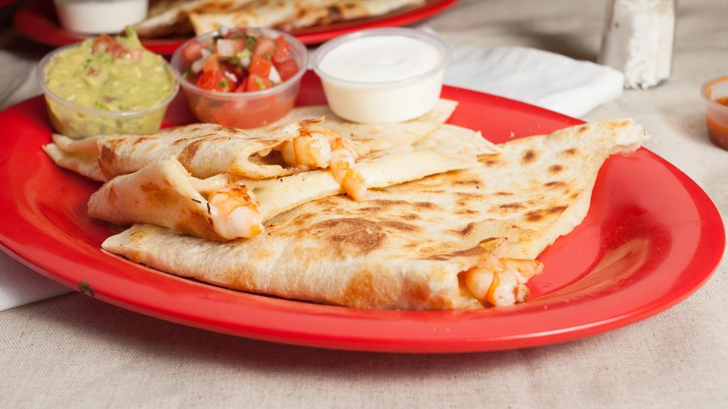 Prawn Quesadilla · Served with Prawns, cheese, and salsa.