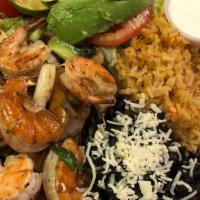 Fajitas prawns Dinner · Served with Rice Beans salad Avocado and tortillas