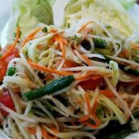Somtum Thai Style · papaya with peanuts, string beans, carrots, tomatoes, chili