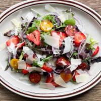 MIXED GREEN SALAD · Mixed greens, sliced red onions, heirloom tomatoes, shaved Parmigiano [cheese, balsamic dres...