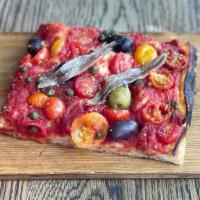 PUTTANESCA · Olives, cherry tomatoes, capers, Italian anchovies, San Marzano tomato sauce [dairy-free]