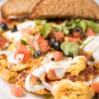Basque Omelette, Country Style · Spanish chorizo sausage, onion, bell peppers, tomatoes, sour cream and salsa.