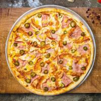 Spicy Hawaiian! · Homemade gluten free cauliflower based pizza crust topped with red sauce, jalapeno, ham, pin...