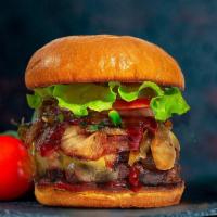 It's BBQ Time · BBQ sauce, Applewood smoked Bacon, 8 Oz burger, lettuce, tomato, red onion, gluten free bun.