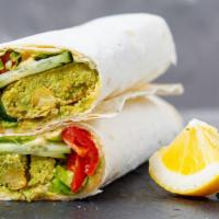 Falafel Wrap · Grilled wrap made with Falafel, tomatoes, cucumbers, lettuce, onions, and mayo.