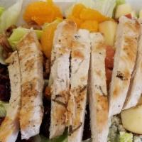 California Citrus Salad · Mixed greens topped with a chicken breast, apples, candied walnuts, dried cranberries, Bleu ...