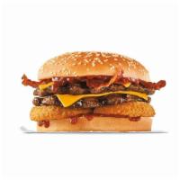 Double Western Bacon Cheeseburger · Seeded bun, 2 patties, BBQ sauce, bacon, fried onion rings and cheese.