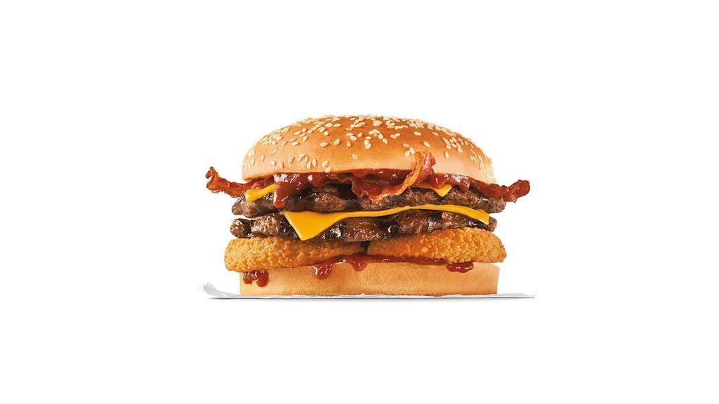 Double Western Bacon Cheeseburger® · Two char-broiled all-beef patties, two strips of bacon, two slices of melted American cheese, crispy onion rings, and tangy BBQ sauce on a seeded bun.