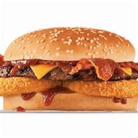 Western Bacon Cheeseburger® · Char-broiled all-beef patty, two strips of bacon, melted American cheese, crispy onion rings...
