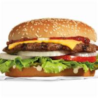 Famous Star® With Cheese · Char-broiled all-beef patty, melted American cheese, lettuce, tomato, sliced onions, dill pi...