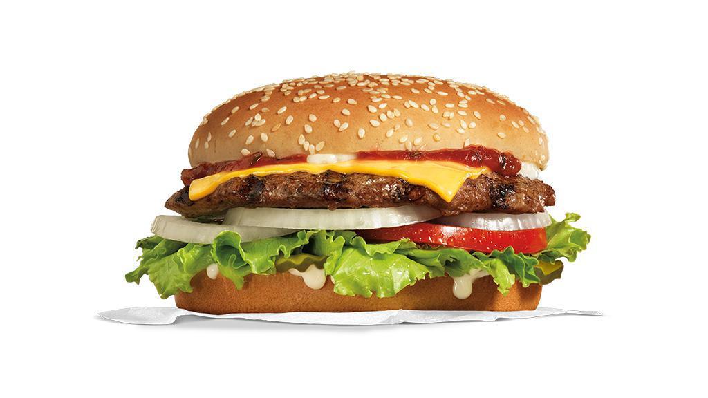 Famous Star® With Cheese · Char-broiled all-beef patty, melted American cheese, lettuce, tomato, sliced onions, dill pickles, special sauce, and mayonnaise on a seeded bun.