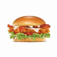 Bacon Swiss Hand-Breaded Chicken Sandwich · A tender all-white meat chicken breast dusted with Southern Spices, topped with bacon, Swiss...
