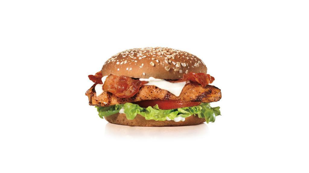 Charbroiled Chicken Club Sandwich · Potato bun, mayo, tomato, lettuce, bacon and swiss cheese.