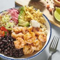 Baja Shrimp Bowl · Seasoned shrimp, avocado, black beans, jasmine rice, red onion, crunchy slaw, pico de gallo,...