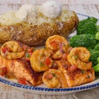 Today'S Catch - Salmon New Orleans** (Full) · Blackened Atlantic salmon topped with shrimp tossed in a Cajun butter sauce, with tomato-cil...