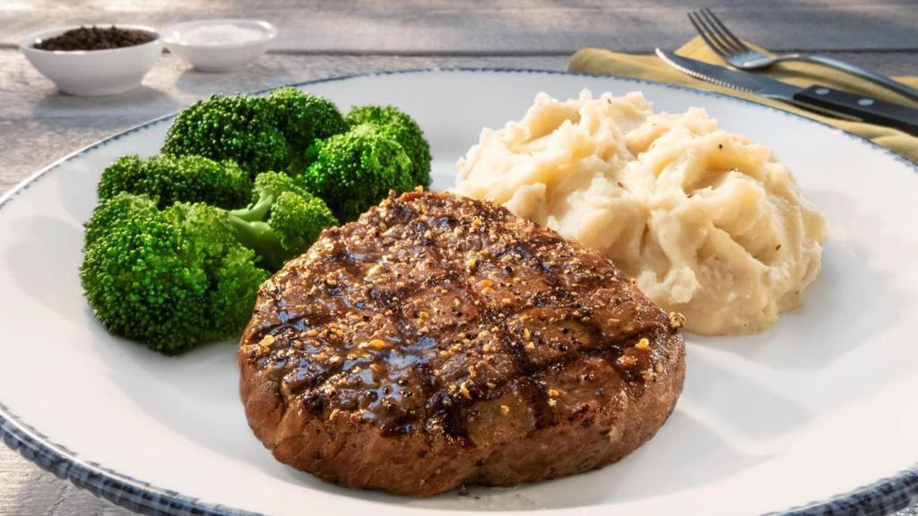 7 Oz. Sirloin** · Simply seasoned with peppercorn. Served with choice of two sides.. 290 Cal