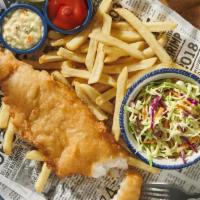 Fish And Chips · Hand-battered, wild-caught cod served with coleslaw, tartar sauce and one side (we suggest F...