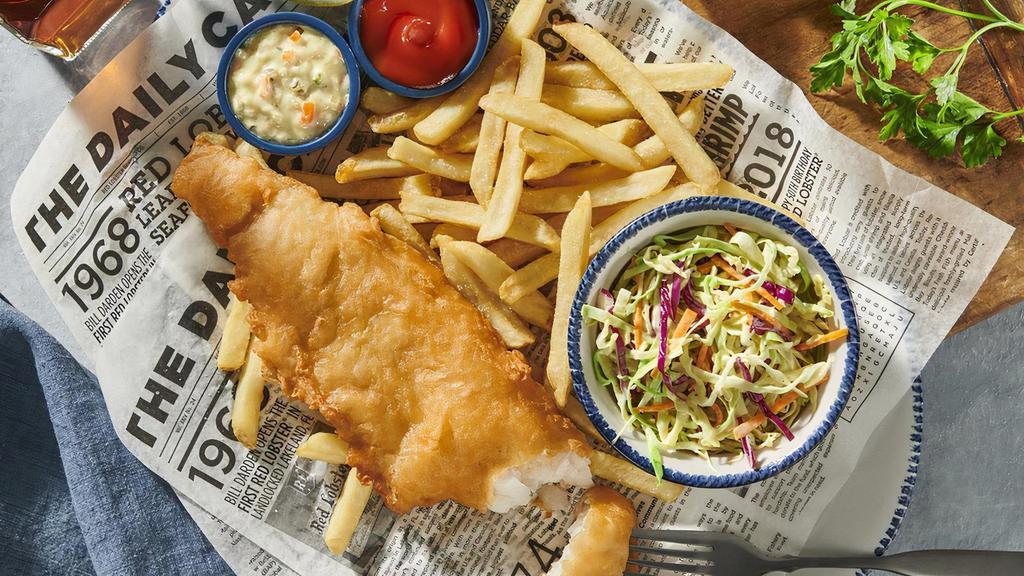 Fish And Chips · Hand-battered, wild-caught cod served with coleslaw, tartar sauce and one side (we suggest French Fries as selected).. 1230 Cal