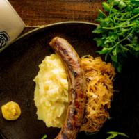 Bratwurst Plate · Your choice of one bratwurst, mashed potatoes, sauerkraut. All bratwursts are gluten-free.