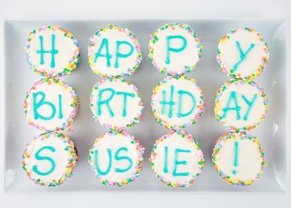 Happy Birthday Cupcake Dozen Box · One dozen cupcakes - assorted chocolate, vanilla & red velvet, personally inscribed for a birthday celebration!