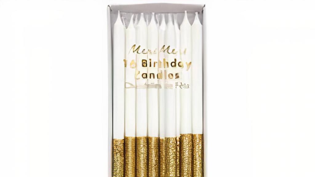 Meri Meri - Gold Glitter Dipped Candles · These gorgeous two-tone glittery candles will look really impressive on a special celebration cake. . Gold glitter detail. Plastic holders. Pack of 16. Pack dimensions: 2.25 x 6.75 x 0.75 inches