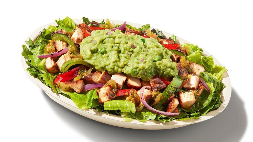 Paleo Salad Bowl · Supergreens Lettuce Blend, Chicken, Fajita Veggies, Tomatillo-Green Chili Salsa and Guacamole
