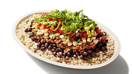 Vegan Bowl · Sofritas, Brown Rice, Black Beans, Fresh Tomato Salsa, Roasted Chili-Corn Salsa, and Shredded Romaine Lettuce