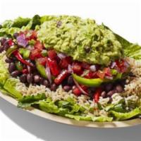 Vegetarian Salad Bowl · Supergreens Lettuce Blend, Brown Rice, Black Beans, Fajita Veggies, Fresh Tomato Salsa, and ...