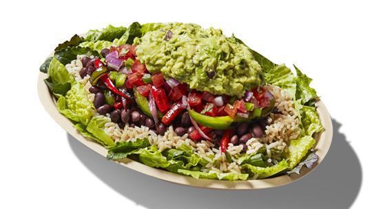 Vegetarian Salad Bowl · Supergreens Lettuce Blend, Brown Rice, Black Beans, Fajita Veggies, Fresh Tomato Salsa, and Guacamole