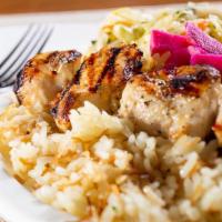 Grilled Chicken Plate · Grilled chicken served with rice, hummus, green salad