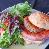 Sausage Sandwich (Linguica)  · Brazilian pork sausage grilled, classic green mix, and provolone cheese, touched up with chi...