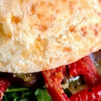 Eggplant Sandwich (Beringela)  · Roasted egg plant, bell pepper, classic green mix, provolone cheese, and sun-dried tomato. M...