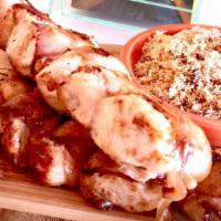  Chicken with bacon Single skewer · One grilled chicken breast skewer wrapped with bacon.