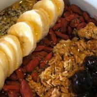 SuperFood Acay Bowl · Organic Acaiberry base topping goji berries, hemp seed with bananas, granolas, blueberries. ...