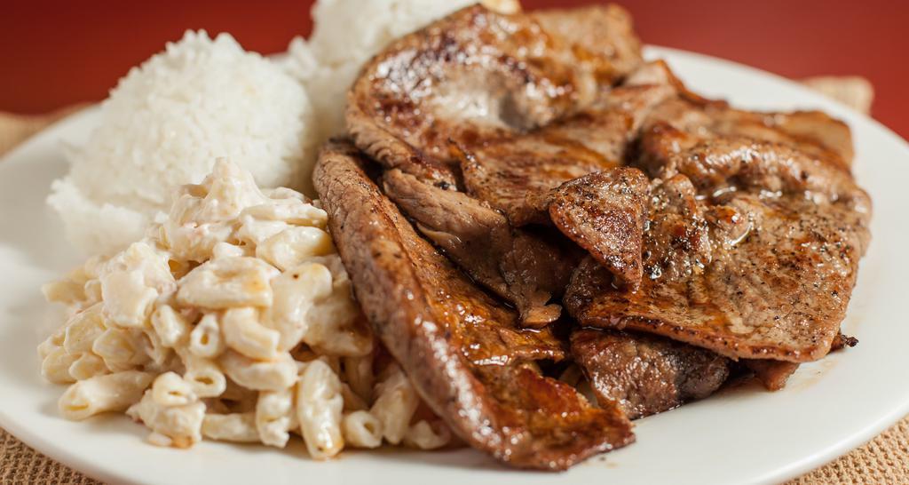 Bbq Beef · Regular plate lunch includes 2 scoops of rice and 1 scoop of macaroni salad. Mini plate lunch includes 1 scoop of rice and 1 scoop of macaroni salad.