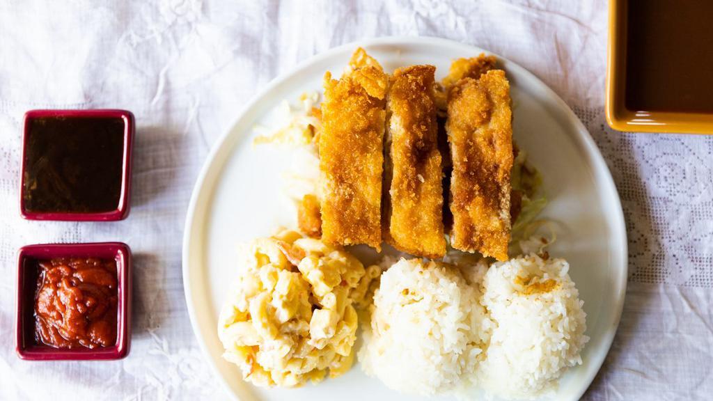 Chicken Katsu · 1680 Cal. Regular plate lunch includes two scoops of rice and one scoop of macaroni salad.
Mini plate lunch includes one scoop of rice and one scoop of macaroni salad.