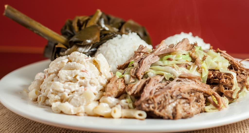 Kalua Pork · Regular plate lunch includes 2 scoops of rice and 1 scoop of macaroni salad. Mini plate lunch includes 1 scoop of rice and 1 scoop of macaroni salad.