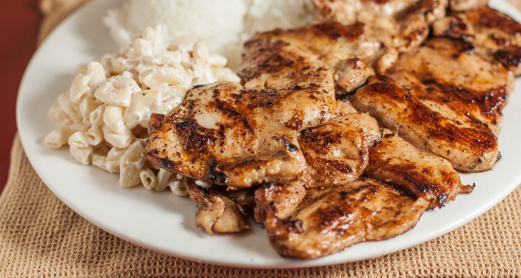 Bbq Chicken · Regular plate lunch includes 2 scoops of rice and 1 scoop of macaroni salad. Mini plate lunch includes 1 scoop of rice and 1 scoop of macaroni salad.