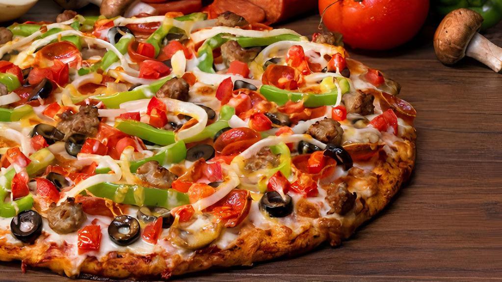 The Mckinley-Large · A Traditional Combination. Our legendary pepperoni, Italian sausage, mushrooms, black olives, bell peppers, onions and diced tomatoes on our classic red sauce. - (130-320 cal./slice)