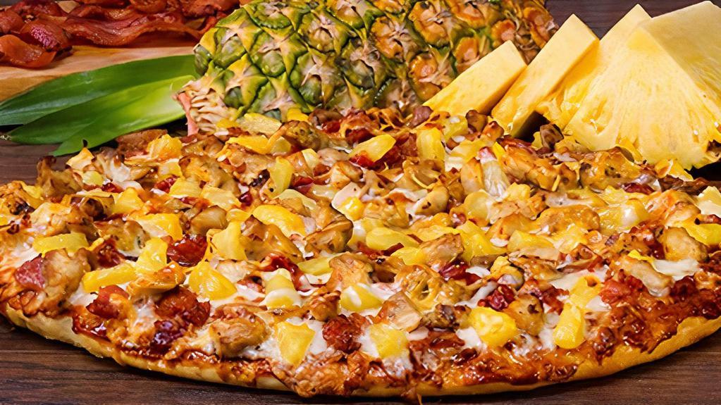 Pineapple Chicken Luau-Medium · A tropical treat! Grilled chicken, crispy bacon and juicy pineapple on KC Masterspiece BBQ sauce. - (120-400 cal./slice)